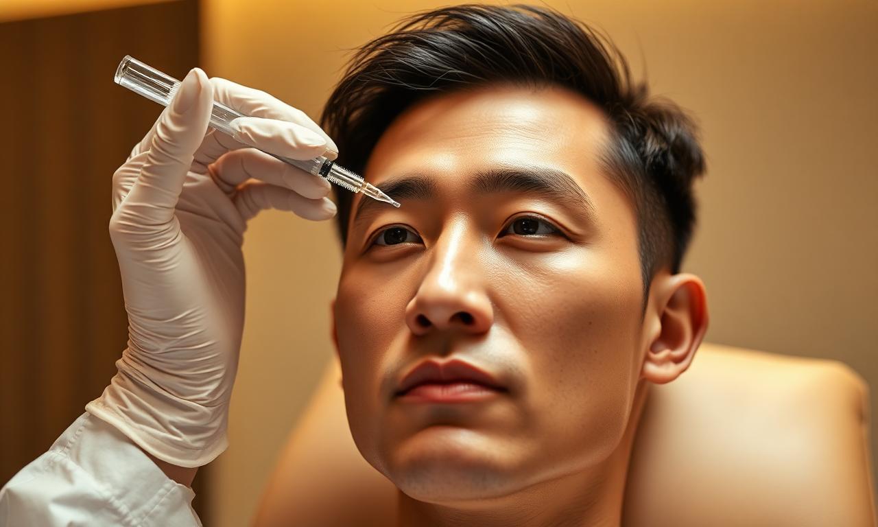MMC-registered doctor with LCP performing precise forehead Botox on a male patient at Hisential, Kuala Lumpur.