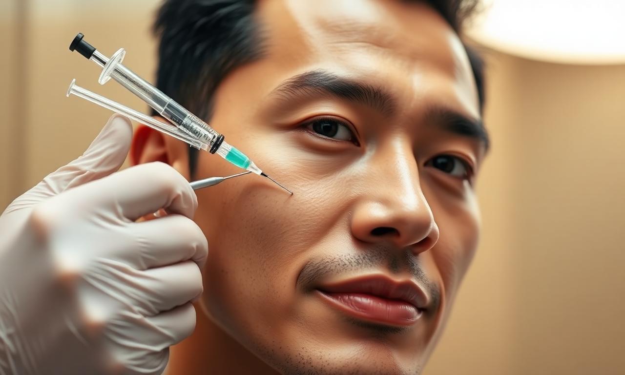 MMC-registered doctor with LCP placing cheek dermal filler on a male patient at Hisential, Kuala Lumpur.